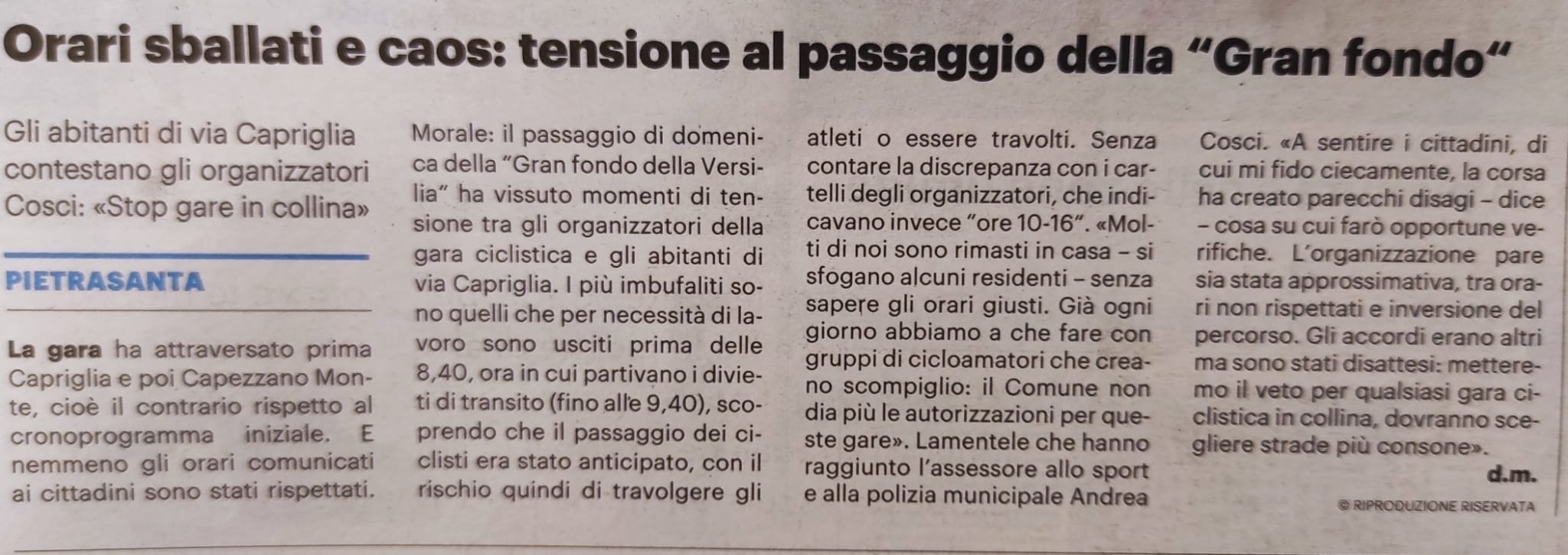 Granfondo della Versilia chiederà un incontro con l’assessore Cosci ed il comandante della polizia municipale